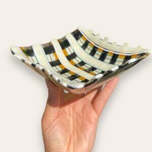 Tucson Made Glass Candy Dish or Ashtray, Green, Cream and yellow Cross Hatch